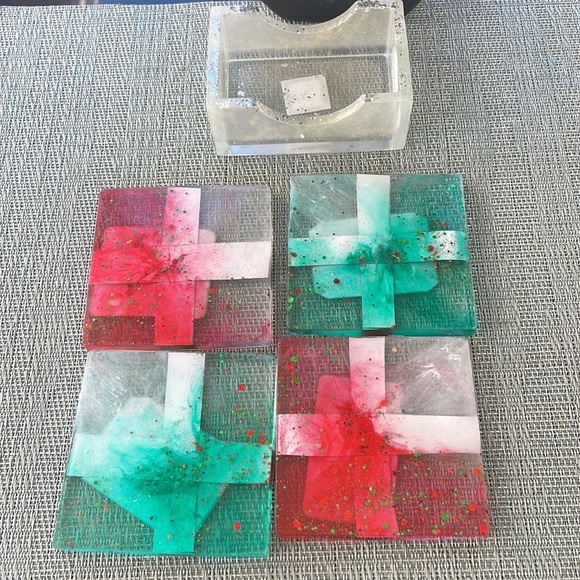 XMAS Handmade Festive Funny Holiday Square Coaster Set and Holder - Picture 17 of 17